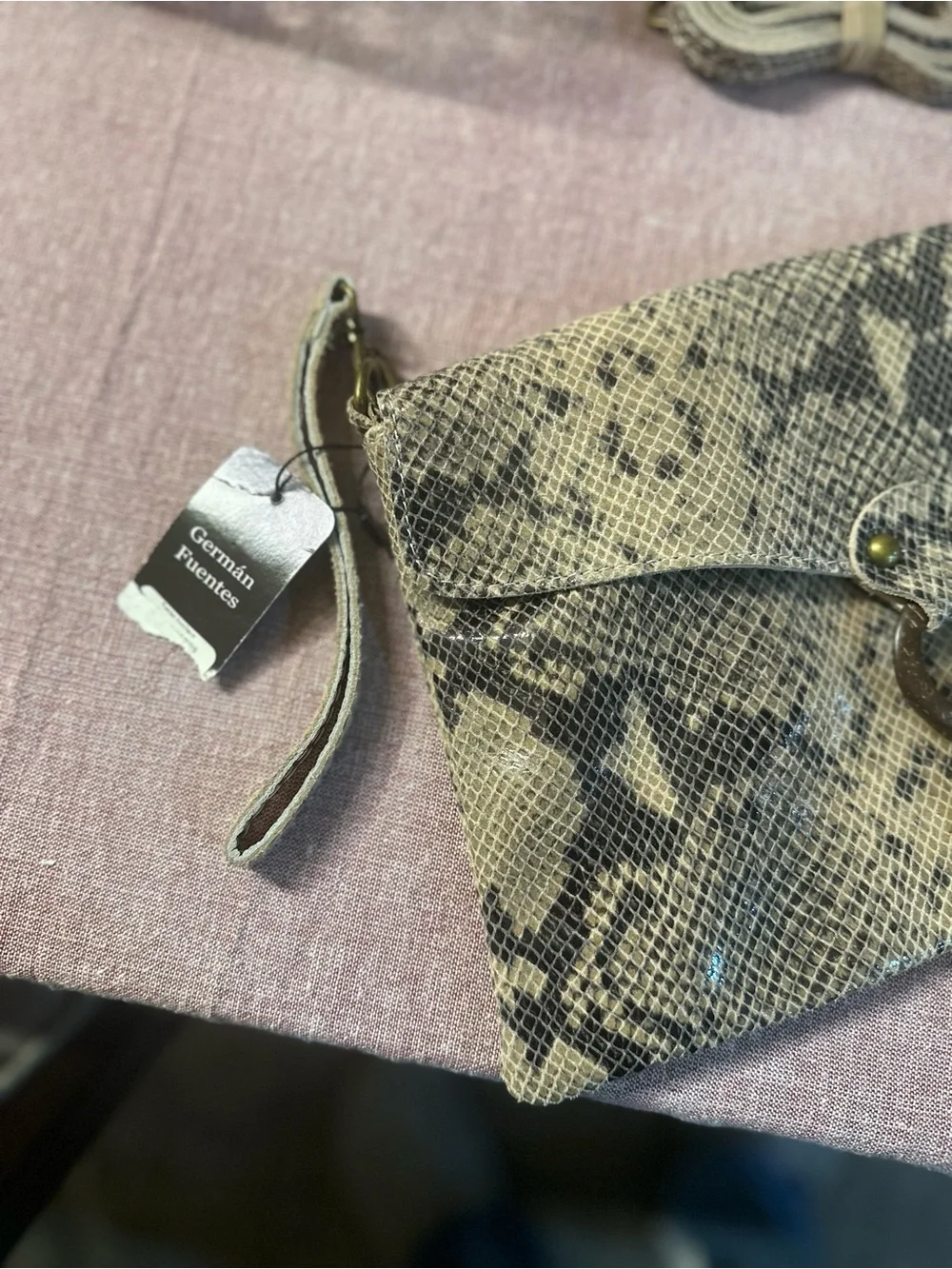 Snake-Print Tassel Envelope Clutch in Beige